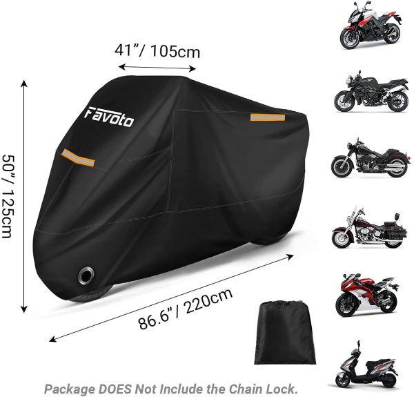 Motorcycle Cover All Season 210T Waterproof Motorbike Cover 225cm long UV Scratch Heat-Resistant Outdoor Protection with Night Reflector Lock-Holes Storage Bag fits up to 88.6??Motors black - Image 2