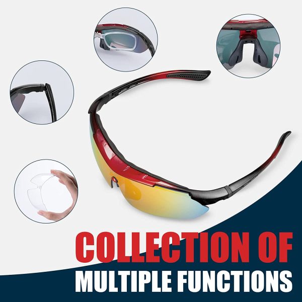 IPSXP Polarized Sports Sunglasses with 5 Interchangeable Lenses,Mens Womens Cycling Glasses,Baseball Running Climbing Fishing Driving Golf??Red and black?? - Image 2