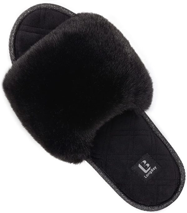 LongBay Ladies' Fluffy Faux Fur Slippers Open Toe Memory Foam Comfy Flat Summer House Shoes - Image 5