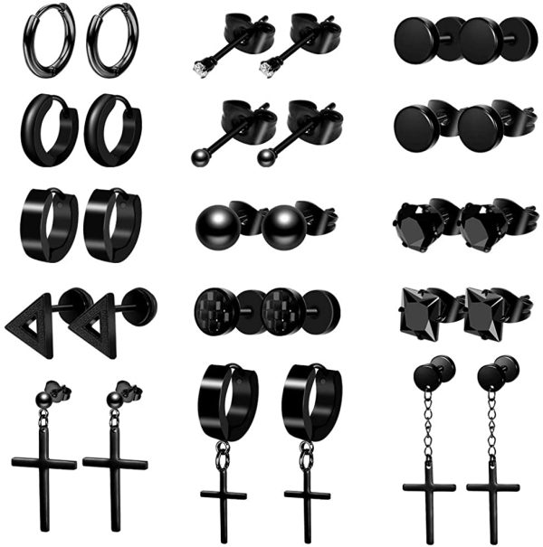 Defrsk 15 Pairs Earrings for Men Black Stud Earrings Mens Earrings Black Thin Hoop Earrings Stainless Steel Earrings Set Jewelry Piercings for Men - Image 2