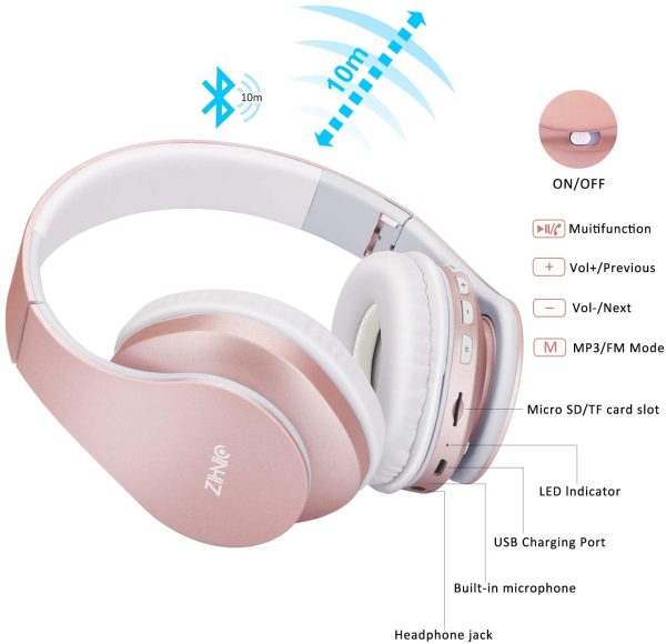 Bluetooth Headphones Over-Ear, Zihnic Foldable Wireless and Wired Stereo Headset Micro SD/TF, FM for Phones/Samsung/Pads/PC,Comfortable Earmuffs &Light weight for Prolonged Wearing (Rose Gold) - Image 4