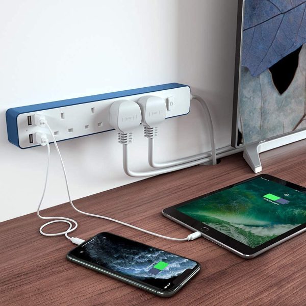 Extension Lead with USB, Power Strip with 4 USB Port 4 Way Outlets Power Extension Lead UK Socket Plug with 1.6M Cable - Blue - Image 3