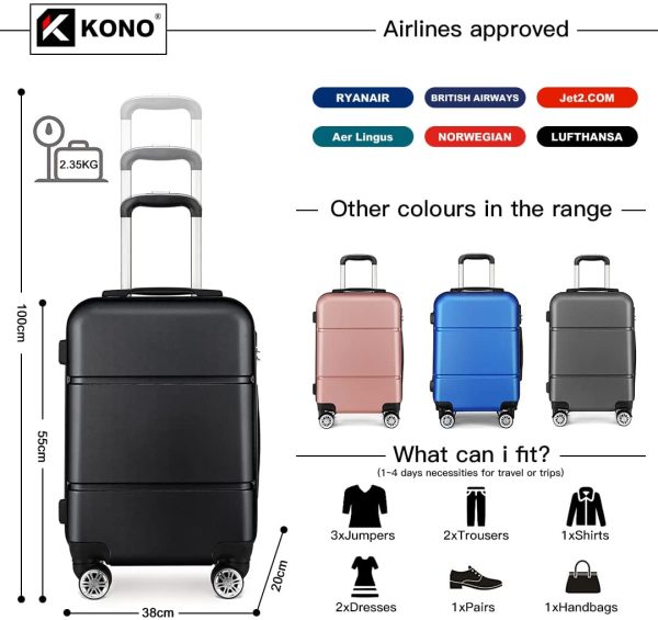 Kono Suitcase 20'' Travel Carry On Hand Cabin Luggage Hard Shell Travel Bag Lightweight, Black - Image 5