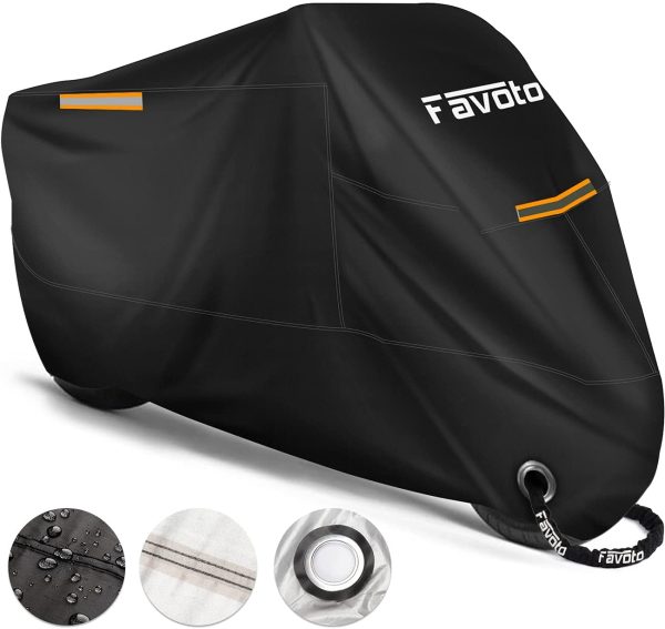 Motorcycle Cover All Season 210T Waterproof Motorbike Cover 225cm long UV Scratch Heat-Resistant Outdoor Protection with Night Reflector Lock-Holes Storage Bag fits up to 88.6??Motors black