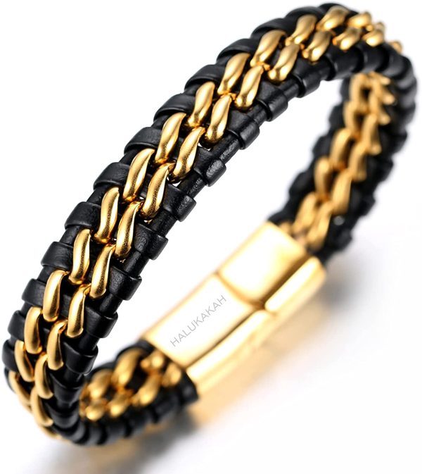 HALUKAKAH Boy's Kids Bracelet Leather ?? Solo Silver/Honour Gold ?? 6-12 Y/O. Titanium Chain Magnetic Clasp 7-8"/18cm with Free Giftbox - Image 5