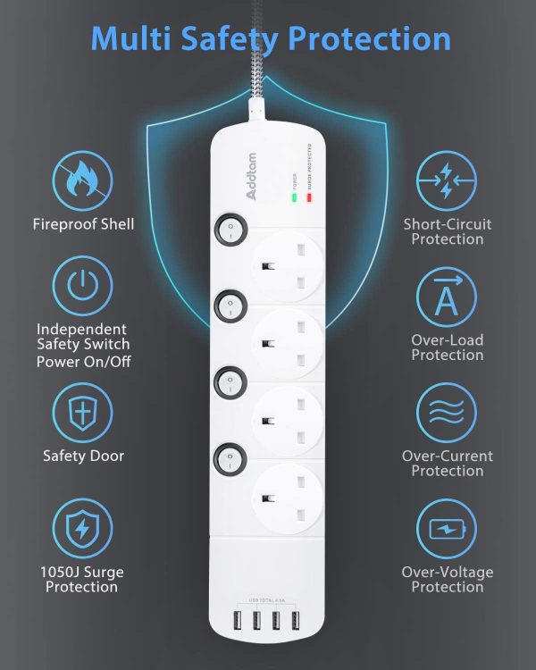 Extension Lead with USB Slots, 4 Way Socket Outlets Power Strips with 4 USB (4.5A) Surge Protection Plug Extension with 1.8 Meter Braided Extension cord for Home Office, Individually Switched White - Image 4