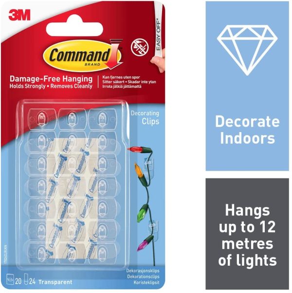 Command 17026CLR Decorating Clips, Pack of 20 Mini Hooks and 24 Small Adhesive Strips, Transparent - Hanging Clips for Decorations and Fairy Lights, Wall Adhesive - Damage Free Hanging - Image 4