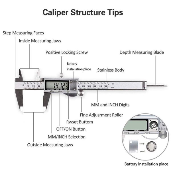 Digital Caliper, 0-150mm / 0-6" Metric Inch Conversion Depth Gauge Measuring Tools, Stainless Steel Vernier Caliper with Extra-Large LCD Display Screen (silver) - Image 7