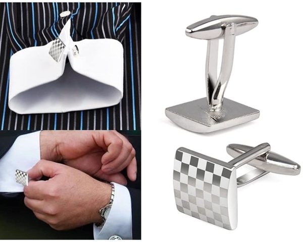 KINGQ Mens Silver Square Checkerboard Cufflinks - Image 4