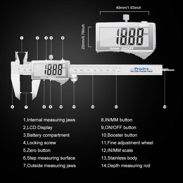 Digital Vernier Caliper, Preciva Electronic Caliper 150mm with Extraordinary LCD Screen, Digital Precision Measuring Tool Micrometer Stainless Steel with Mm/Inch Conversion, Splash Resistant (Middle) - Image 3