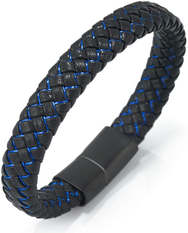 HALUKAKAH Kids ?? Jazz Junior ?? Boy's Genuine Leather Handmade Braid Black Mix Blue/Red Bracelet 6-12 Y/O. Titanium Magnetic Frosted Clasp Size Adjustable 18-19.5cm with Free Giftbox