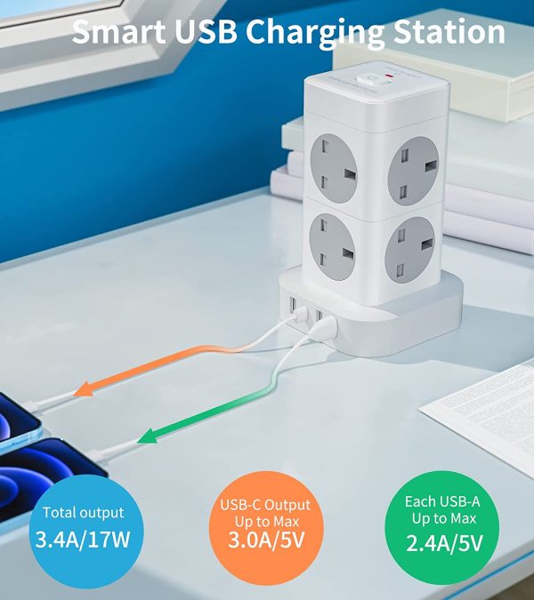 Hulker Tower Extension Lead with USB Slots, Multi Plug Extension 8 Way 4 USB (1 Type C and 3 USB Ports) with Switch Tower Power Strip with Widely Spaced Outlets 2M Cable Overload Protection 3250W 13A - Image 7