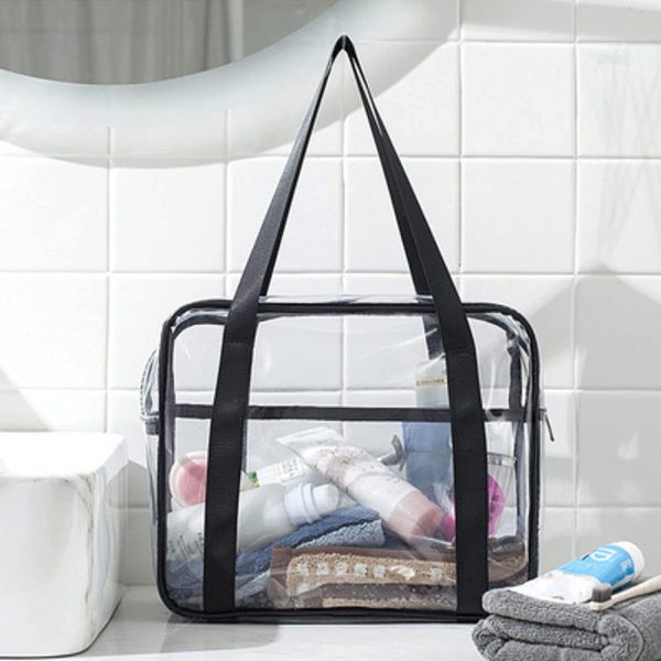 FIYUK Clear Toiletry Bag Transparent Cosmetic Makeup Beach Tote Bag Lightweight Waterproof Organizer Large Storage (Black)