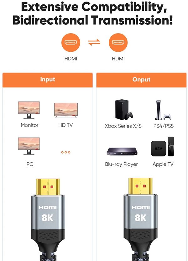 HDMI cable 2m, 8K hdmi cable Snowkids 8K 2.1 cable, 8K@60Hz hdmi, 4K@120Hz, eARC HDR10 4:4:4| 21:9, HDCP 2.2/2.3 Dolby, 3D, VRR, Ethernet, Compatible with Latest game console/Roku TV/HDTV/Blu-ray - Image 6