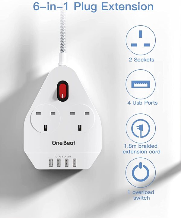 Extension Lead with USB Slots, OneBeat Power Strip 2 Way Outlets 4 USB Ports, Surge Protection Plug Extension Sockets with 1.8M/6Ft Braided Extension Cord, Overload Protection for Home Office