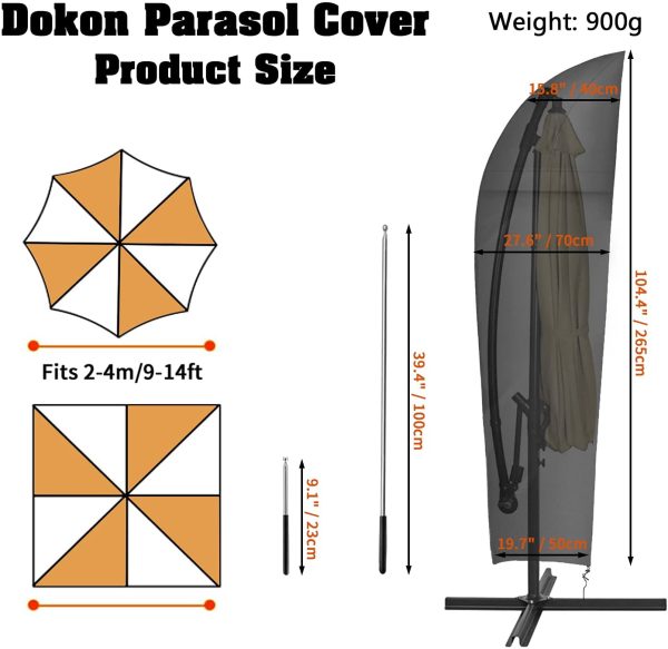 Dokon Parasol Cover with Air Vent, Waterproof, Anti-UV Heavy Duty 600D Oxford Fabric Cantilever Parasol Cover with Rod, Large Patio Umbrella Cover for 2 to 4m Garden Outdoor Umbrella (265x40/70/50cm) - Image 3