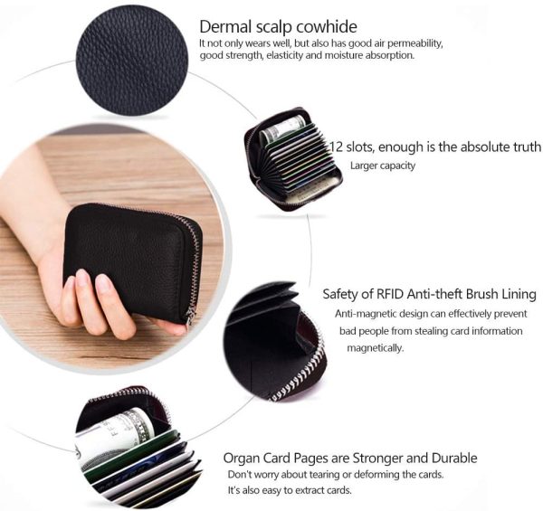 Meowoo Credit Card Holder RFID Blocking Genuine Leather Mini Credit Card Wallet Purse with Zipper for Women Men (Black)