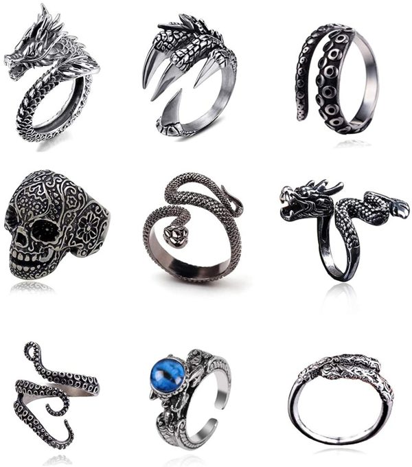 BYONDEVER Vintage Punk Silver Black Chinese Dragon Snake Dragon Claw Skull Rings Jewelry Gothic Alloy Open Adjustable - Image 4