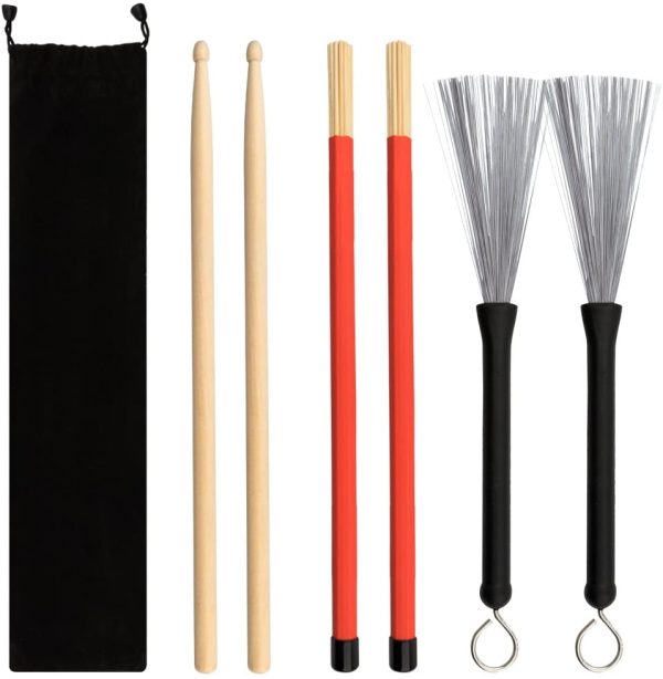 SINBLUE Drum Sticks Brush Set - 1 Pair 5A Maple Wood Drum Sticks 1 Pair Drum Wire Brushes Retractable Drum Stick Brush and 1 Pair Rods Drum Sticks with Storage Bag for Jazz Acoustic Music Lover Gift - Image 3