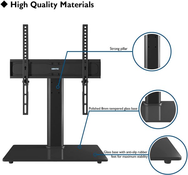 BONTEC Universal Table Top Pedestal TV Stand with Bracket for 26??-55?? LCD/LED/Plasma TVs-Height Adjustable TV stand with 8mm Tempered Glass Base & Cable Management-Holds 40 KG & Max.VESA 400x400mm - Image 7