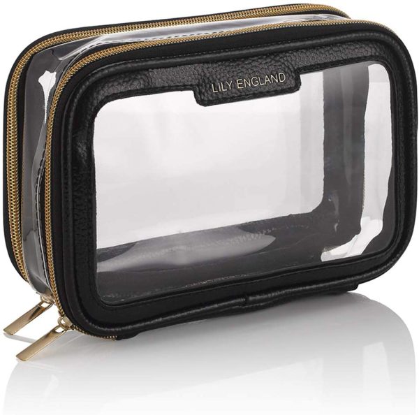 Clear Travel Makeup Bag Organiser - Small Portable Airport Toiletry Cosmetic Case by Lily England, Black and Gold - Image 4