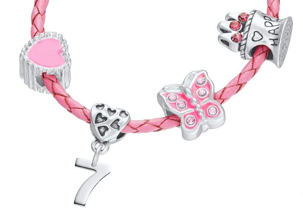 Children's Pink Leather Happy 7th Birthday Charm Bracelet With Gift Box - Girl's & Children's Birthday Jewellery - Image 4