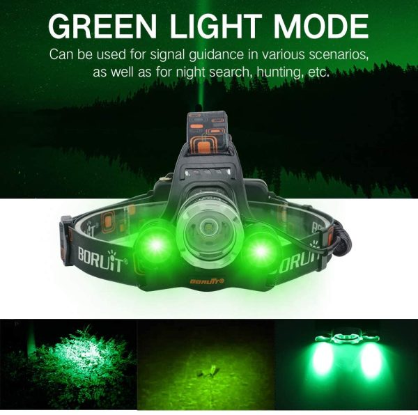 BORUIT RJ-3000 LED Head Torch Rechargeable White Green LED Hunting Headlight,Ultra Bright 5000 Lumens 3 Mode Headlamp Work Light for Kids and Adults Running Camping Hiking - Image 9