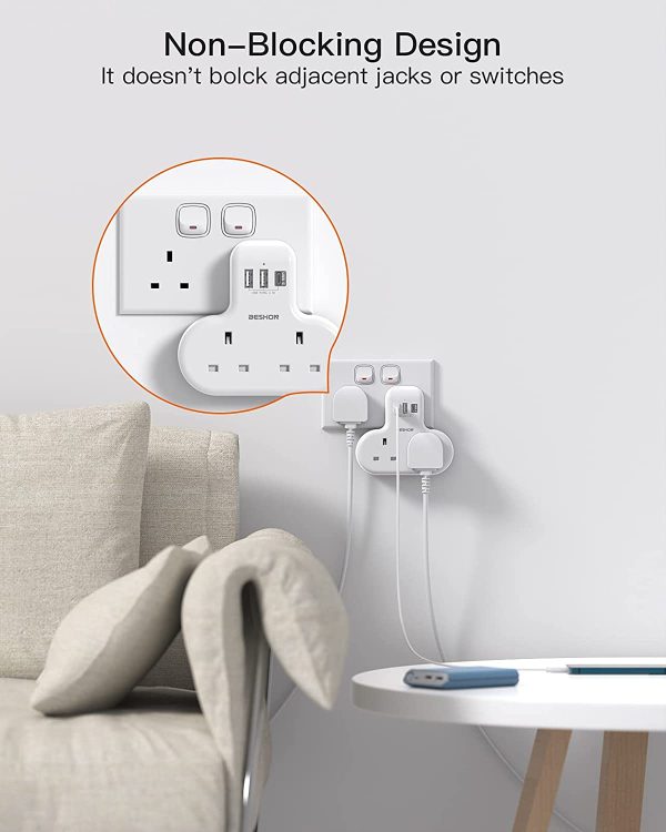 Double Plug Extension with 3 USB (1 USB-C), 2 Way Plug Adaptor Multi Plug Adpater, BESHON 13A UK 3 Pin Socket Extension for Travel, Home and Office - Image 2