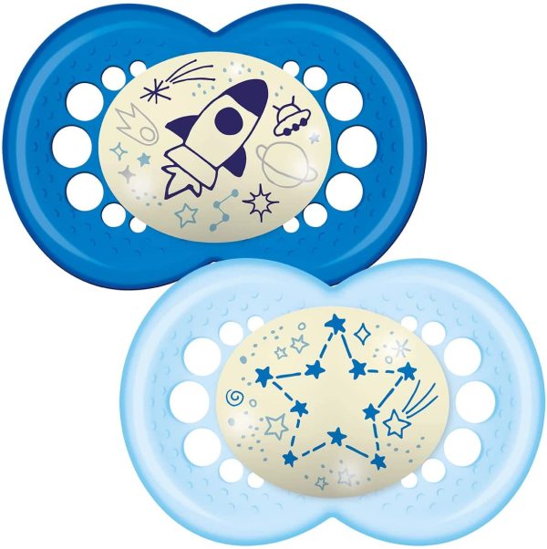 MAM Night Soothers 12+ Months (Pack of 2), Glow in the Dark Baby Soothers with Self Sterilising Travel Case, Newborn Essentials, Blue, (Designs May Vary) - Image 2