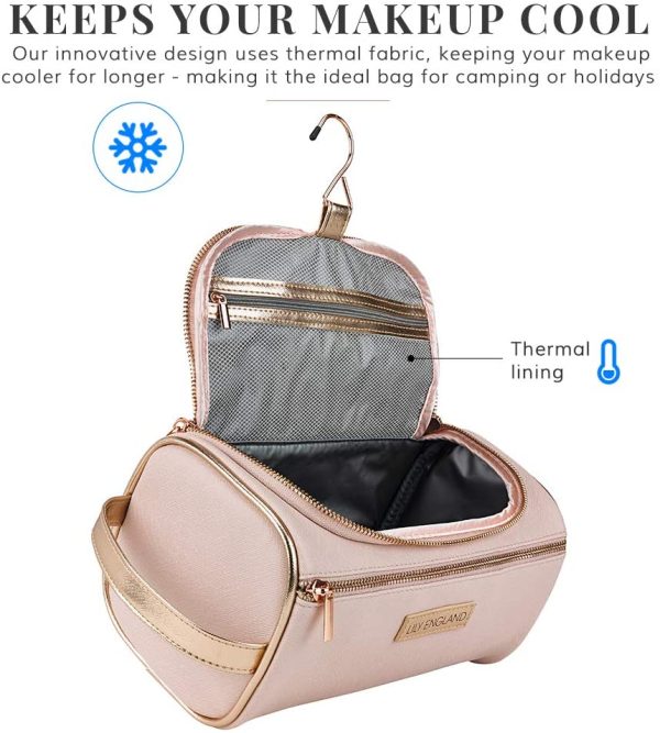 Hanging Toiletry Bag for Women - Large Travel Wash Bag/ Makeup Bag with Insulated Cool Lining by Lily England (Pink/ Rose Gold) - Image 3