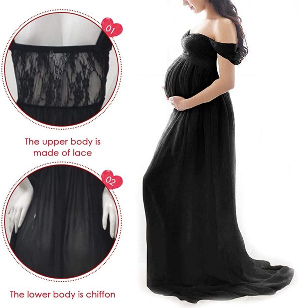 FEOYA Maxi Maternity Dress Chiffon Lace Strapless Gown Split Front for Pregnant Women Photography Full Length