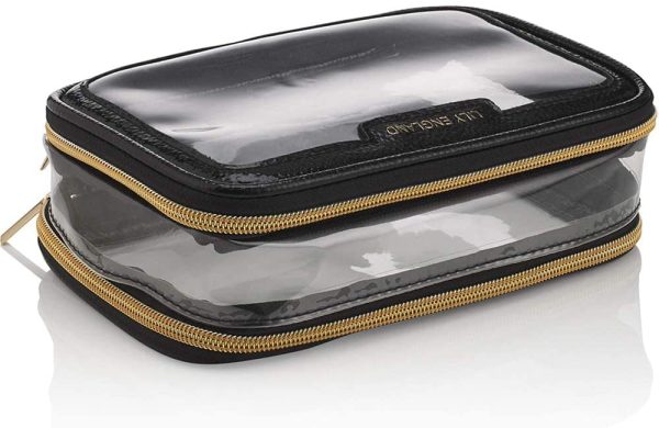 Clear Travel Makeup Bag Organiser - Small Portable Airport Toiletry Cosmetic Case by Lily England, Black and Gold - Image 2