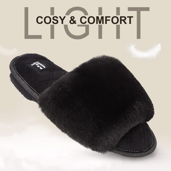 LongBay Ladies' Fluffy Faux Fur Slippers Open Toe Memory Foam Comfy Flat Summer House Shoes - Image 4