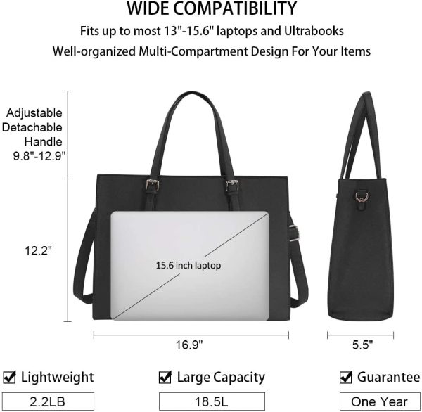 Laptop Bags for Women 15.6 inch Large Leather Tote Bag Ladies Laptop Handbag Computer School Shoulder Bag Business Work Bag Black - Image 6