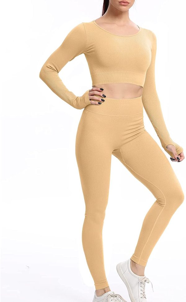 Mayround Seamless Women Yoga Sets 2 Pieces Ribbed | Long Sleeve Top and High Waist Leggings Gym Clothes Set | Women??s Sportswear Set - Image 2