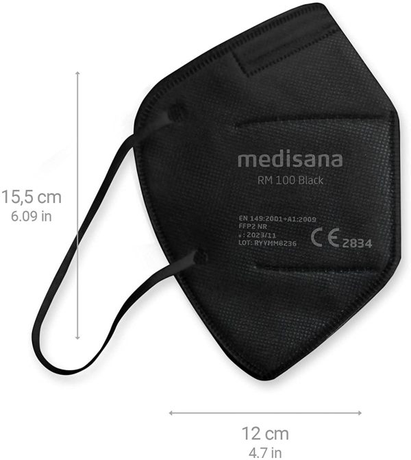 Medisana FFP2 Respirator Mask Black Dust Mask Breathing Mask RM 100 Dust Mask Mouth Mask 10 Pieces Individually Packed in PE Bag with Clip - Certified CE2834 - EU 2016/425