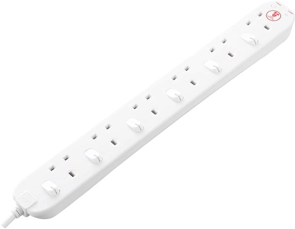 Masterplug Six Socket Power Surge Protected Extension Lead with Individual Switches, 2 Metres, 46 x 5.5 x 3 cm, White - Image 6