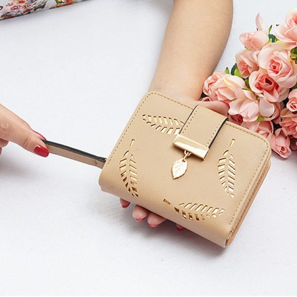 Leather Short Purse, Cute Women Leather Wallet Purses Women Fashion Short Purse Ladies Purse Clutch Holder Case Leaf Pendant Coin Zipper Short Purse( Beige ) - Image 5