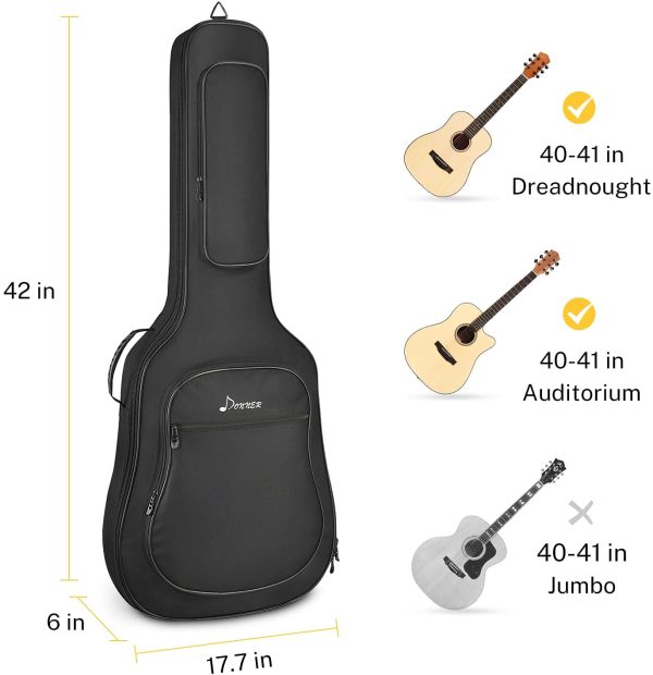 Donner Full Size Acoustic Guitar Gig Bag Backpack for 40 41 inch, 12mm Sponge Pad, Soft Case Cover, 600D Nylon Oxford Waterproof Nonwovens Interior, Two Pockets Black