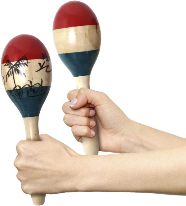 iGadgitz Xtra U7130 Pair of Adult Full Size Painted Elm Wood Maracas - Wood Colour, Green, Red and Black Motif