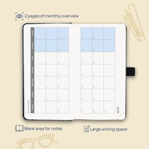 Pocket Diary 2022 Week to View 16.8 x 9 cm Hardback - Slim Weekly Planner with Monthly Planning, Note & Address Pages - Black - Image 4