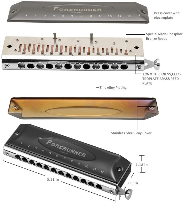 East top Forerunner Chromatic Harmonica 12 Holes 48 Tones Professional Chromatic Harmonica in C; Mouth Organ and Professional Harmonica for Adults, Professional Player and Students (48NV) - Image 3