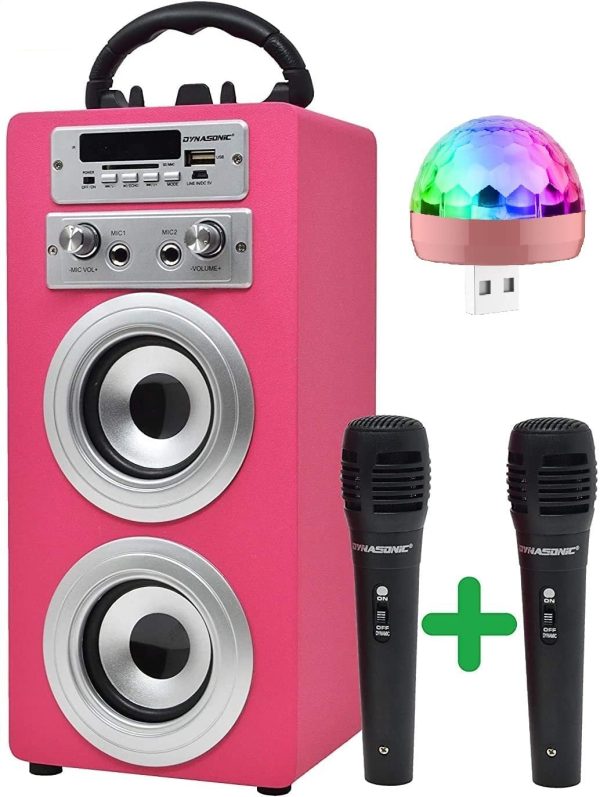 Dynasonic - Bluetooth portable karaoke speaker 10W, TWS microphone included, FM radio, USB/SD player - Model 025 (Disco Lights Pink)