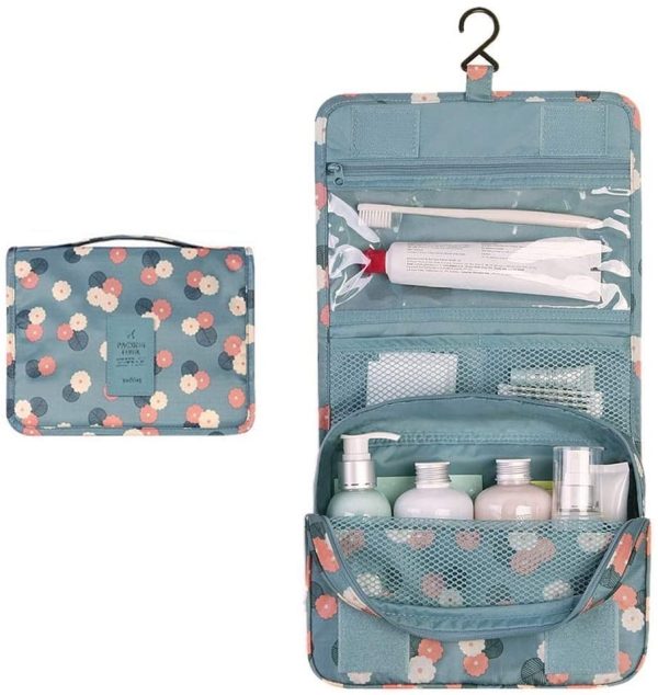 Makeup Travel Wash Bag Discoball Hanging Folding Waterproof Cosmetic Toiletries Storage Case, Bathroom Dressing Table Luggage Organizer for Women Girl (Style2 Blue Flower) - Image 5