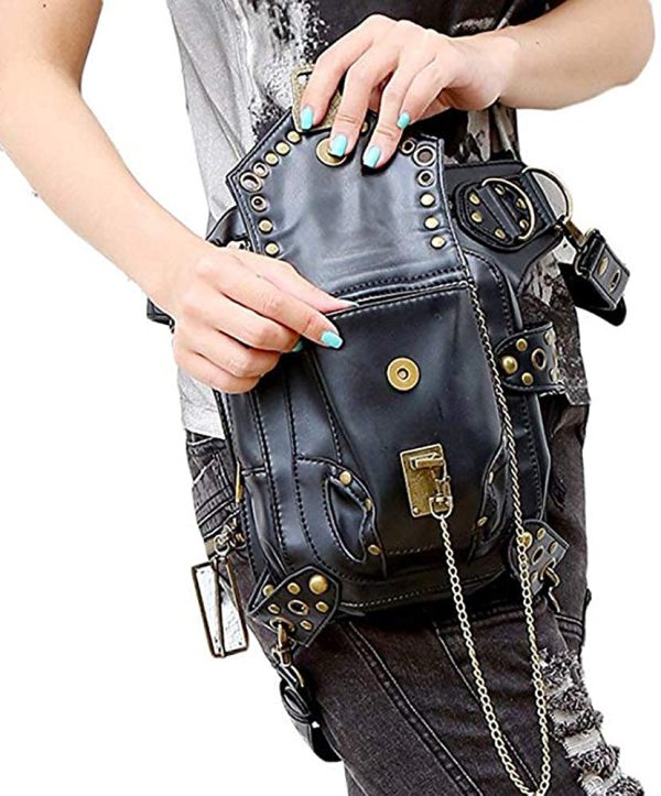 Malayas Steampunk Bag??Waist Bag/Shoulder Bag/Vintage Leather Shoulder Bag/Leg Bag Gothic Unisex, Black - Image 2