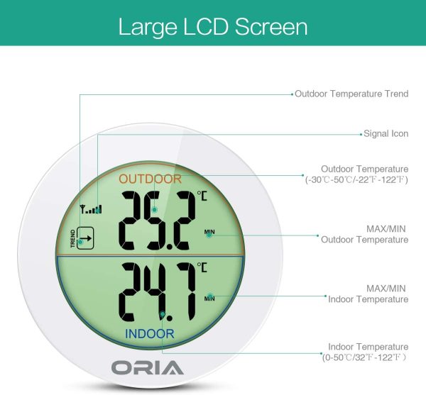 ORIA Indoor Outdoor Thermometer, Wireless Temperature Monitor, Digital LCD Thermometer with Remote Sensor, Outdoor Arrow Trends (??C/??F), Min/Max Value, Tabletop and wall-mounted design for Home - Image 6