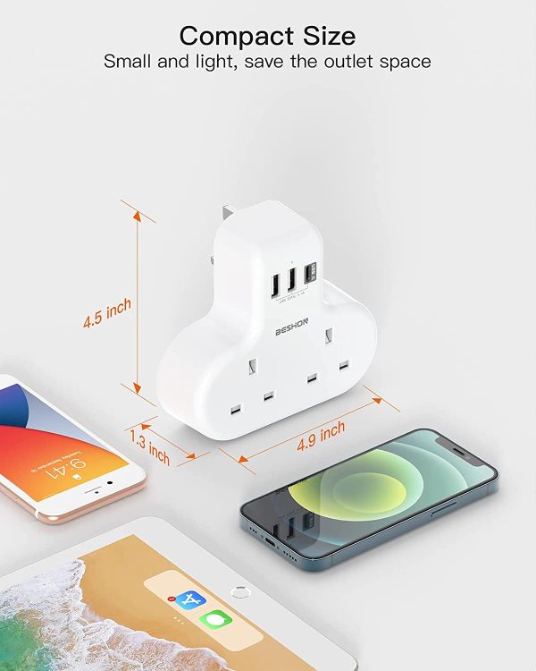 Double Plug Extension with 3 USB (1 USB-C), 2 Way Plug Adaptor Multi Plug Adpater, BESHON 13A UK 3 Pin Socket Extension for Travel, Home and Office - Image 4