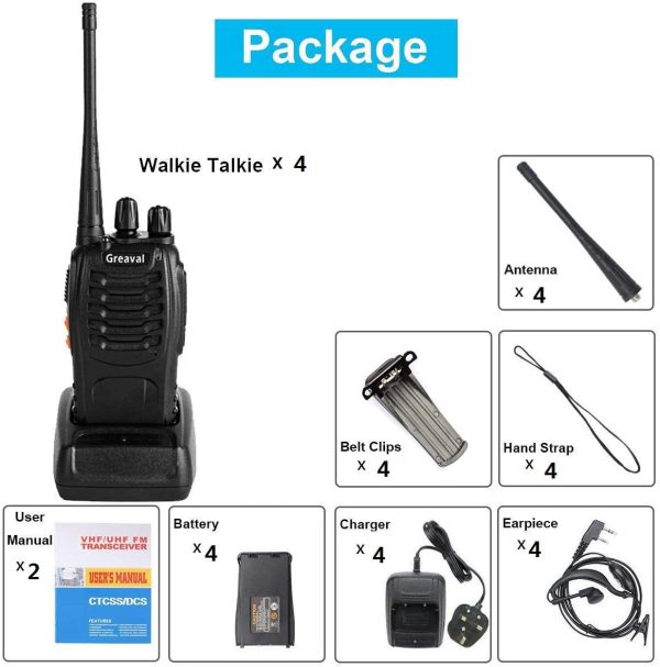 Greaval Walkie Talkie Rechargeable 4 Pack Long Distance 2 Two Way Radio for Adults and Kids 16 Channel with Earpieces Headphones LED Flashlight - Image 2