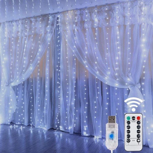 Curtain Fairy Lights, 300 LED 3m x 3m 8 Modes USB Plug in Hanging Window Light,Remote Timer Copper Wire String Lighting for Bedroom Outdoor Garden Wall Gazebo Christmas Decorations Cool White - Image 7