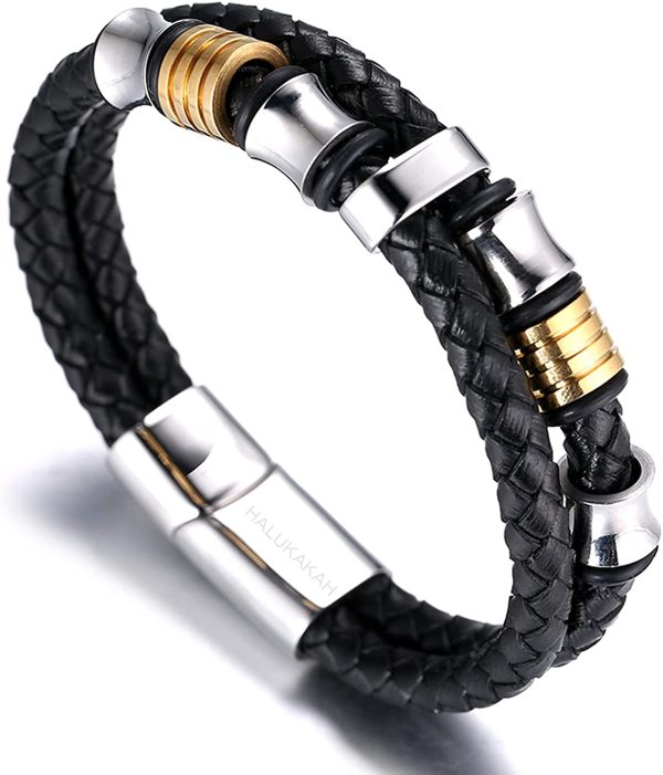 HALUKAKAH Kids ?? Honor Junior ?? Boy's Genuine Leather Bracelet 6-12 Y/O. Titanium Honor Gold Beads Golden Magnetic Clasp Size Adjustable 18-19.5cm with Free Giftbox - Image 3